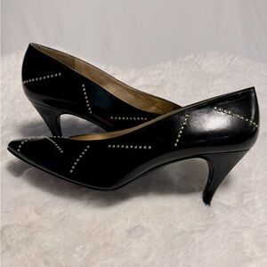 Vintage 80’s Stuart Weitzman Black Leather Gold Studded Heels Pumps Avante Garde